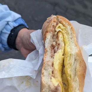 a person holding a sandwich