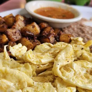 I had the potato and chorizo plate with refried beans and a combination of corn and flower tortilla.
