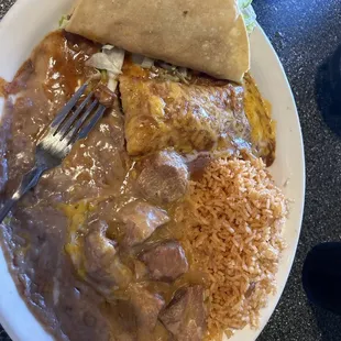 Taco, enchiladas and Chili Verda beans and rice. Bomb salsa!  So delicious