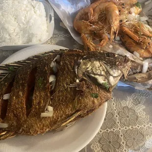 Fry Tilapia and one pound of fry shrimp  and a side of steam rice all this for $20