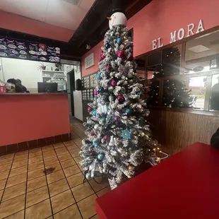 Restaurant interior decorated for Christmas