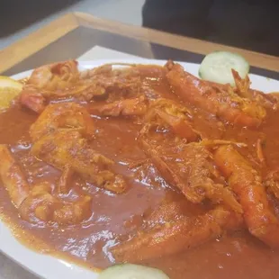 Langostinos a la Diabla. Soooo good. Light sweet note in a hearty savory peppery, and awesome juicy tender crustaceans