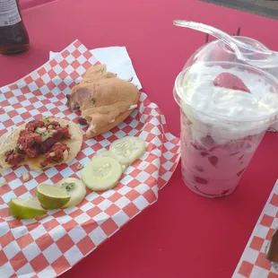 Longaniza Taco, mixed Torta, Fresa con Crema