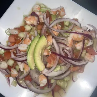 Camarón cocido ceviche w/ tostada - cooked shrimp ceviche