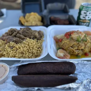 Alcapurrias, coco rico, maduros, tostones, arroz con gandules, pernil asado, mofongo relleno de camarones.