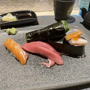 Salmon, blue fin toro, monkfish liver, crispy salmon skin roll