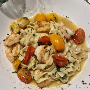 Fresh fettuccini with shrimp, garlic , herbs, extra virgin olive oil &amp; lemon...