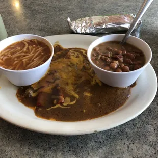 Enchiladas, fideo and beans.