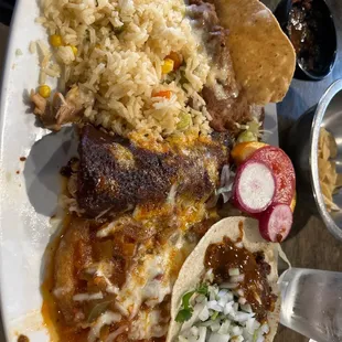 Enchilada de mole, pastor taco, Chile relleno