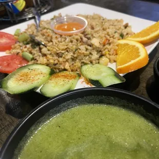 Arroz marinero with salsa de aguachile on the side.