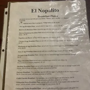 Breakfast menu