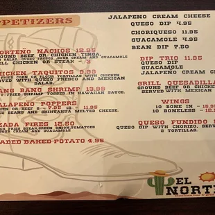 Appetizer Menu (found on stand at the table)
