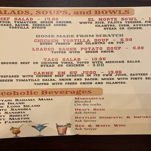 Salad, soups, and bowls (behind the appetizer menu).