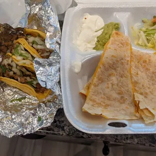 Carne Asada Street tacos and cheese Quesadilla