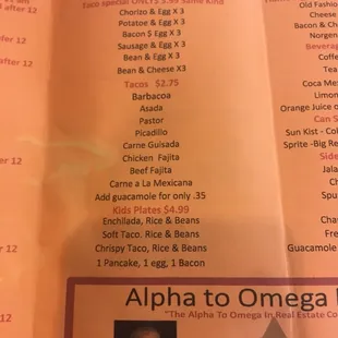 the menu of a restaurant