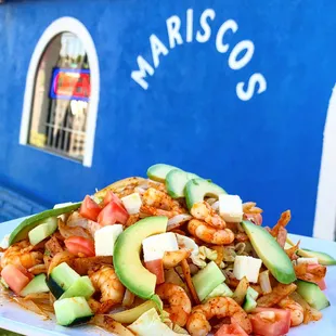Shrimp salad with avocado and queso fresco