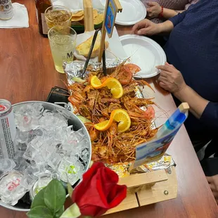 a long table with food on it