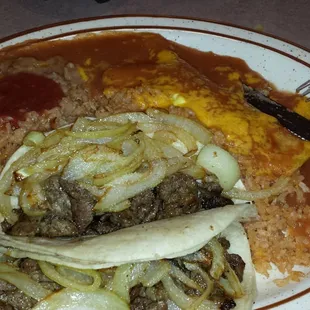 #2- 2 tacos, enchilada, rice and beans. any meat in the items. These are carne asada tacos and chicken in the enchilada. $8.95!
