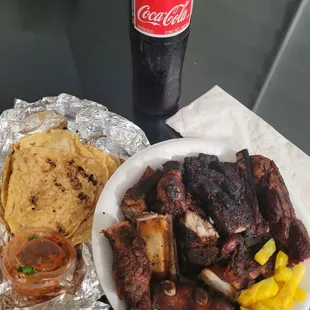 Costillas w/side of pineapple, Red salsa &amp; Handmade tortillas. All mouth watering!