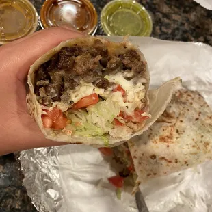 Steak Carne Asada Burrito- love that they give you 3 different salsas!