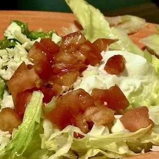 Fresh lettuce, guacamole, sour cream, and tomatoes.