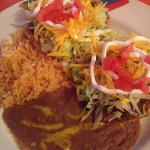 Tostadas lunch special served with rice and beans.