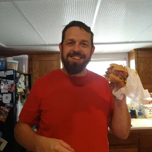 My Grandson enjoying his Godzilla Burger earlier  That dang thing had 3 patties, a pile of pastrami and bacon!