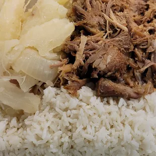 Roast pork, white rice &amp; yucca