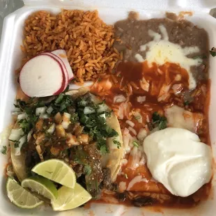 2 enchilada and 1 taco rice and beans Combo