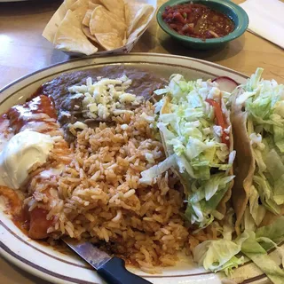 2 Tacos and 1 Enchilada with Rice and Beans