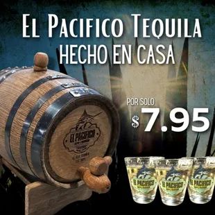 three shot glasses and a barrel