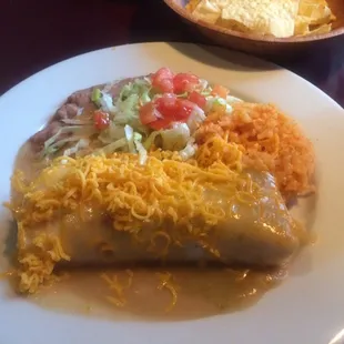 Lunch special of pork and avacado burrito