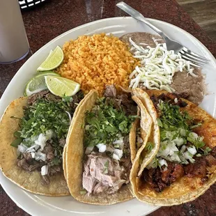 Asada, carnitas, al pastor tacos