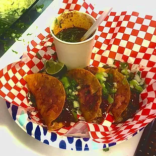 Quesabirrias yummy.   3 crispy corn Totillas
Cheese , Birria, onions  cilantro and salsa