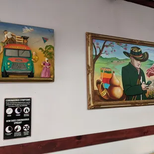 paintings of people and a bus