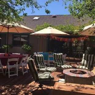 a patio with tables and chairs