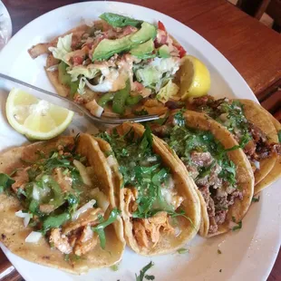 Fish, chicken, spicy pork, and steak tacos