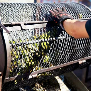 a man putting grapes into a grill