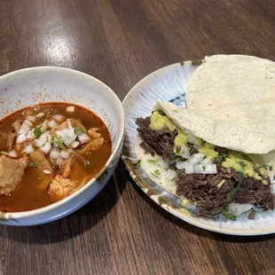 Menudo and a barbacoa taco