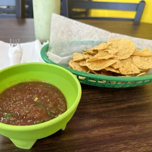 Complimentary tortilla chips and salsa if you dine in. The salsa is spicy!