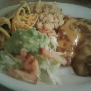 #8 Mex plate- 2 enchiladas, 1 crispy taco, rice and borracho beans on the side -$4.99