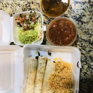 Tacos El Carbon, charro beans, and guacamole!