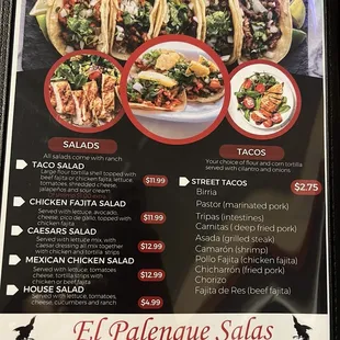 tacos, menu