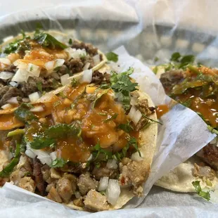 Carne asada, carnitas and pollo tacos