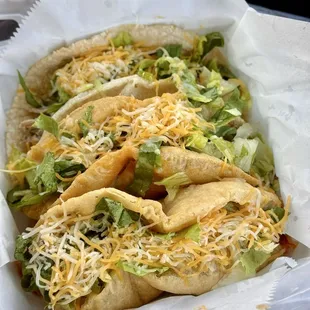 Tacos - Chicken Soft, Beef Crispy, Pork Crispy. Really good.