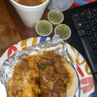 Papa chorizo w/ bean &amp; cheese on deck! Don't forget those salsas y'all! Ranchera &amp; green