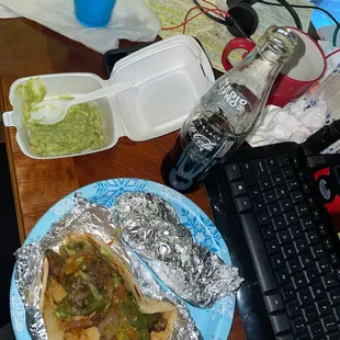 Beef fajita tacos, guacamole, Mexican coke!!