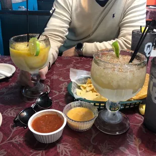 Margaritas, one blended another on the rocks. Also, complimentary chips and salsa with any order.