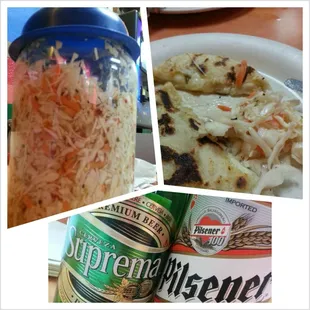 Salvadoreña beer, curtido (pickled cabbage slaw), &amp; pupusas! Inexpensive &amp; deeelishhh!