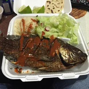 Got a to go and it was delicious! Mojarra frita